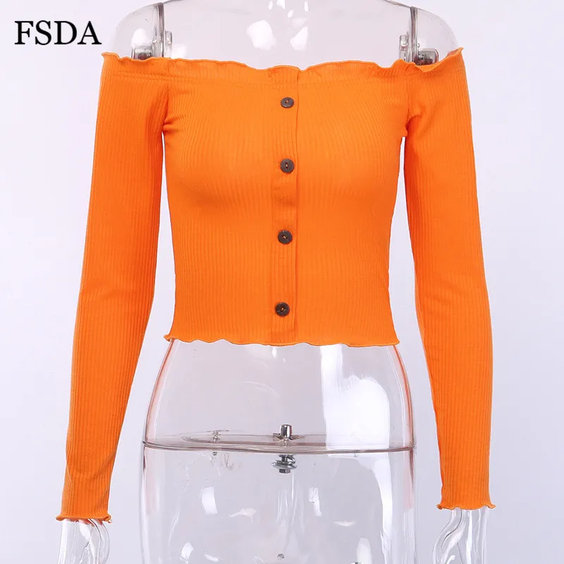 FSDA с открытыми плечами и пуговицами, топ с рюшами, длинный рукав, открытая спина, без бретелек, повседневная сексуальная черная Оранжевая женская летняя Осенняя футболка
