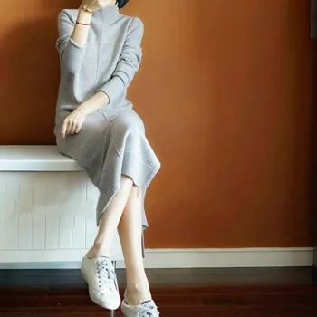 

New sweater women's high collar loose split long super knee dress knit bottoming shirt tide