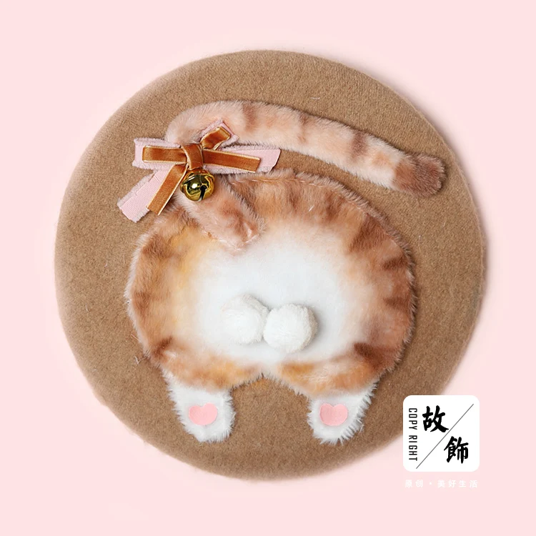 Винтажная девушка-Мори каваи плюшевый Кот берет Осень Зима Милые береты Лолиты плоская кепка Японские Женские теплые милые художники шляпа