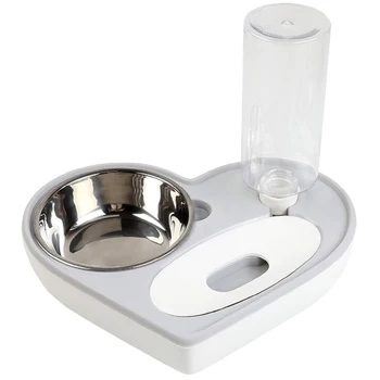 

Dog Cat Water and Food Bowl Set, No-Spill Detachable Automatic Water Dispenser with Bowl, Non-Slip Pet Double Feeder Bowl Gray