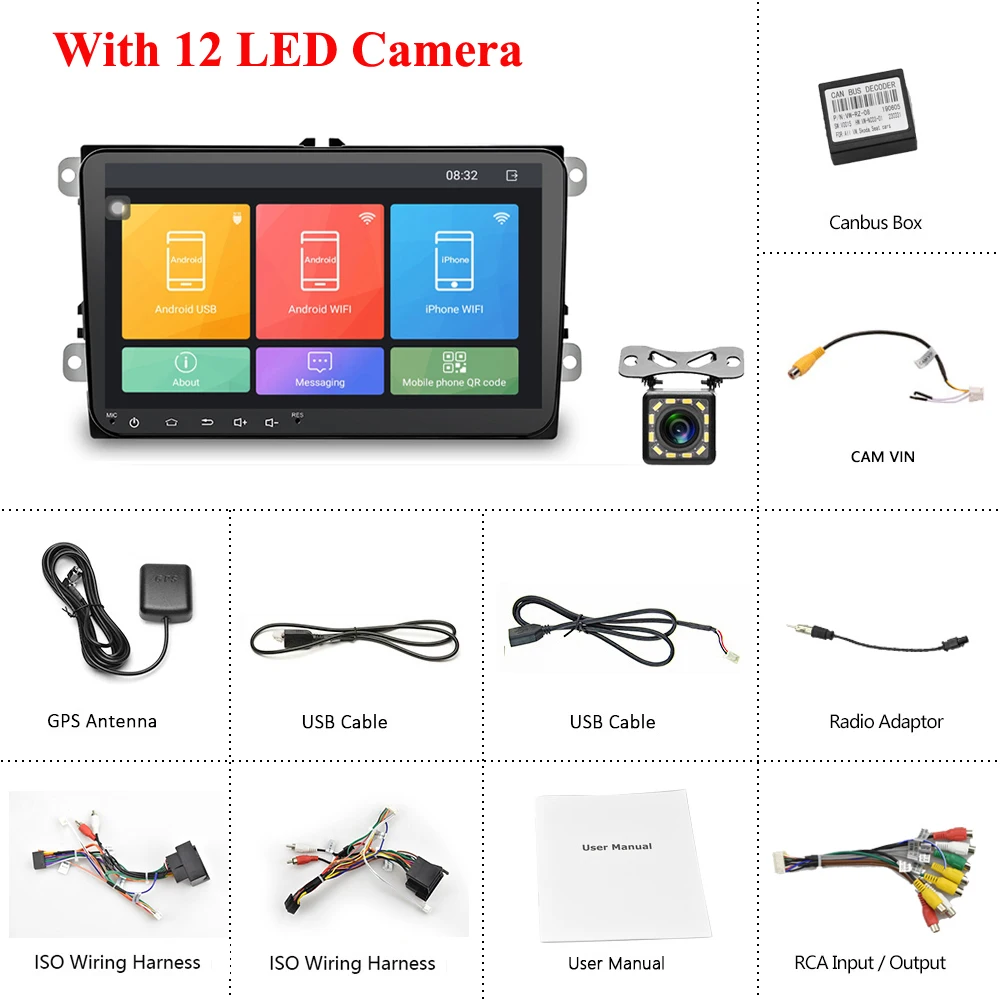 With 12 LED Camera Podofo 9 ''Android 8,1 2 din Автомобильный Радио gps Авторадио Стерео мультимедийный плеер для Volkswagen/Skoda/Passat/Golf/Polo/Seat/Jetta - Цвет: With 12 LED Camera