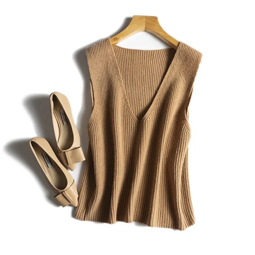 

G&T Fashion Office Lady Temperament Commuting Full Wool Autumn Vest Women V-Neck Sleeveless Loose Knit Sweater Winter Top Vest