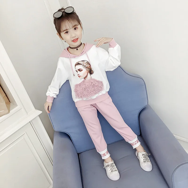 

2019 New Style Girls Spring Clothing Set Children Korean-style Hooded Sports Set Big Boy Casual Western Style Two-Piece Set