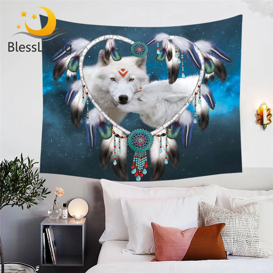 

BlessLiving Wolves Couple Tapestry Wolf Wall Carpet Tribal Animal Galaxy Decorative Wall Hanging Heart Dreamcatcher Bedlinen