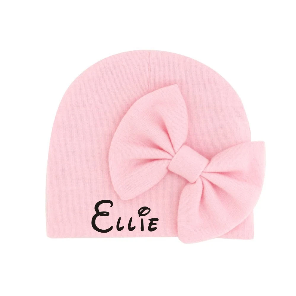 Personalized Name Pink Baby Girl Beanie Hat Newborn Baby Stretchy Hat with BOW Custom Monogram Baby Girl Turban Hospital Cap