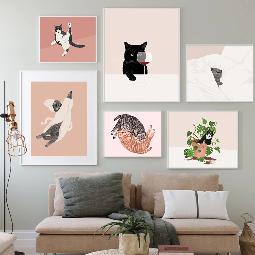 Funny Cats Modern Posters And Prints Canvas Painting Black Cat and Plant Wall Pictures For Living Room Kitchen Home Decoration | Дом и сад