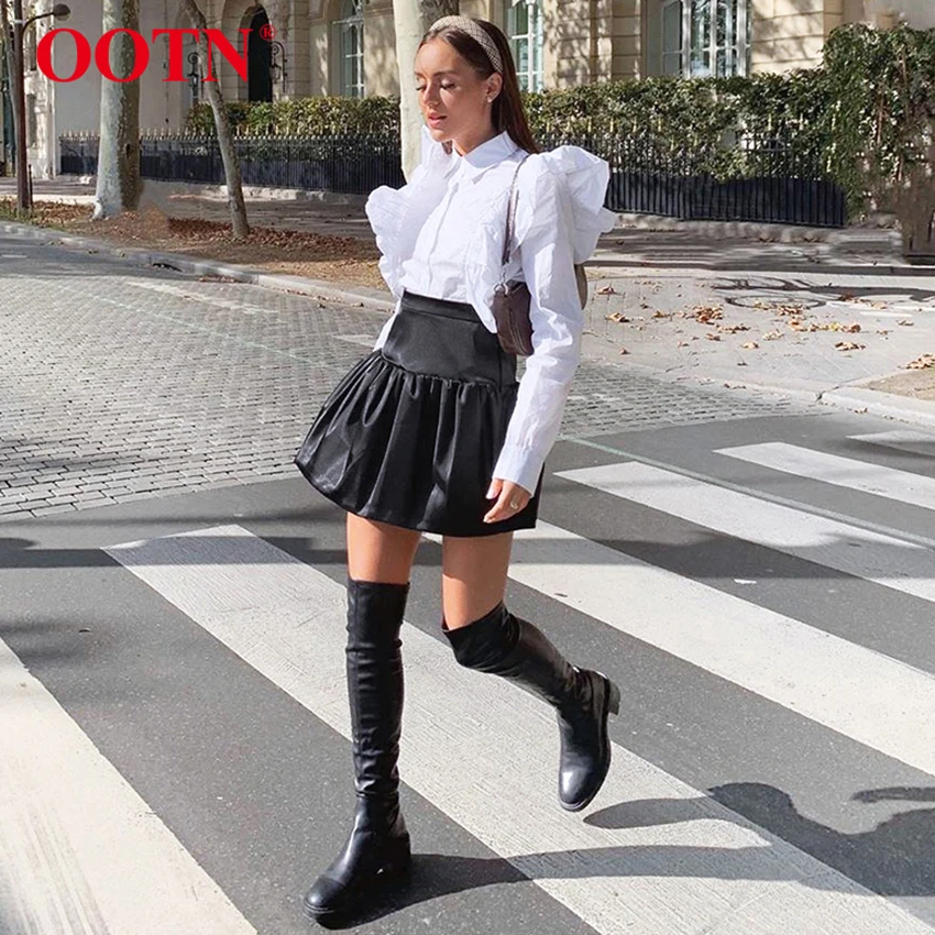 OOTN Повседневная Мини Короткая юбка женская черная Осенняя зимняя высокая талия трапециевидная Женская юбка Уличная Элегантная модная юбка с оборками