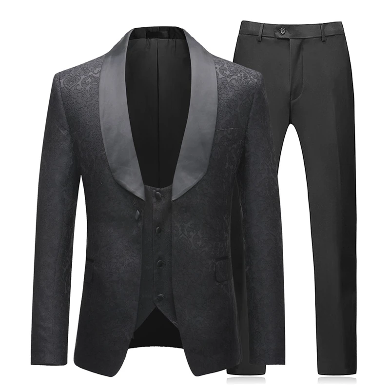 Черные свадебные костюмы с цветочным принтом для мужчин, классический стиль, 3 предмета, смокинги для жениха, вечерние смокинги для выпускного вечера, мужской костюм, пиджак, жилет с брюками