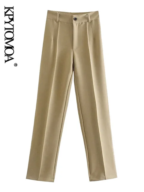 KPYTOMOA Women 2021 Chic Fashion Office Wear Solid Straight Pants Vintage High Waist Zipper Fly Female Trousers Mujer 3