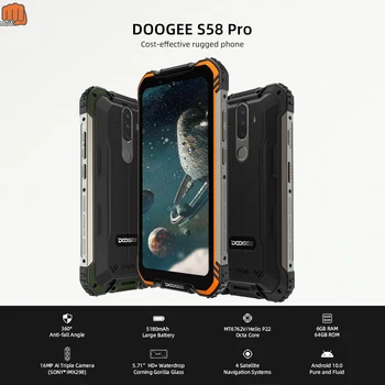 Перейти на Алиэкспресс и купить DOOGEE S58 Pro 6 ГБ + 64 ГБ Android 10 NFC Смартфон Мобильный Телефон IP68/IP69K водонепроницаемый прочный телефон 5180 мАч 5,71 дюймFHD + дисплей