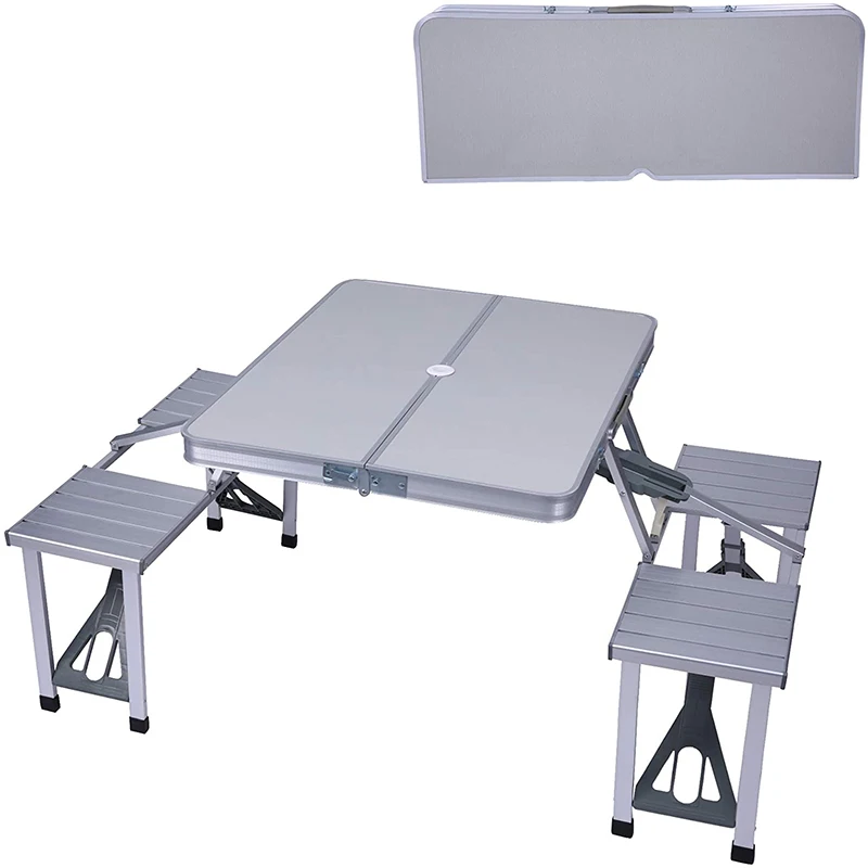 Aluminum Folding Portable Camping Picnic Table Stool Chair Set W/ Umbrella hole 