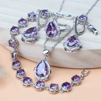 

Silver 925 Bridal Jewelry Sets Women Wedding Purple Zirconia Earrings With Stones Rings Charms Bracelets Necklace Pendant Set