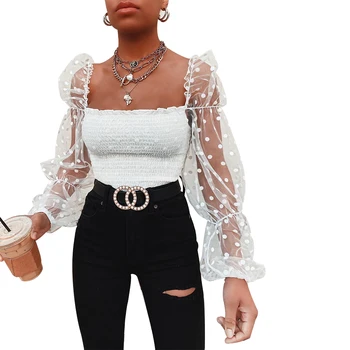 

Hirigin Sexy Women Off Shoulder Casual Bralet Bra Top Polka Dot Mesh Sheer Puff Long Sleeve Blouse Slash Neck Shirts Slim Tops