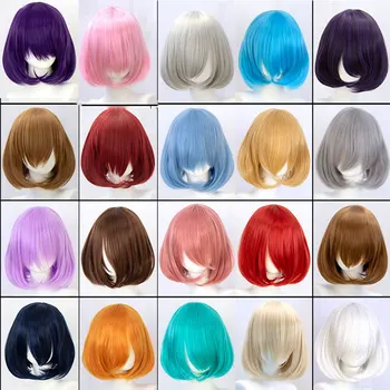 

synthetic straight pink short bob wig cosplay wigs for women with bangs red blue purple MUMUPI