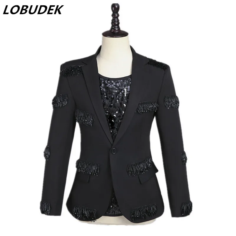 

Bar Stage Singer Black Beading Fringe Suit Blazer Evening Party Host Magician Formal Clothes Fashion Slim Fit Coat