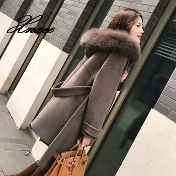 

Office Lady Hooded Women Long Wool Blend Coat Double Breasted Solid Cashmere Jacket Slim Regular Ladies Coats