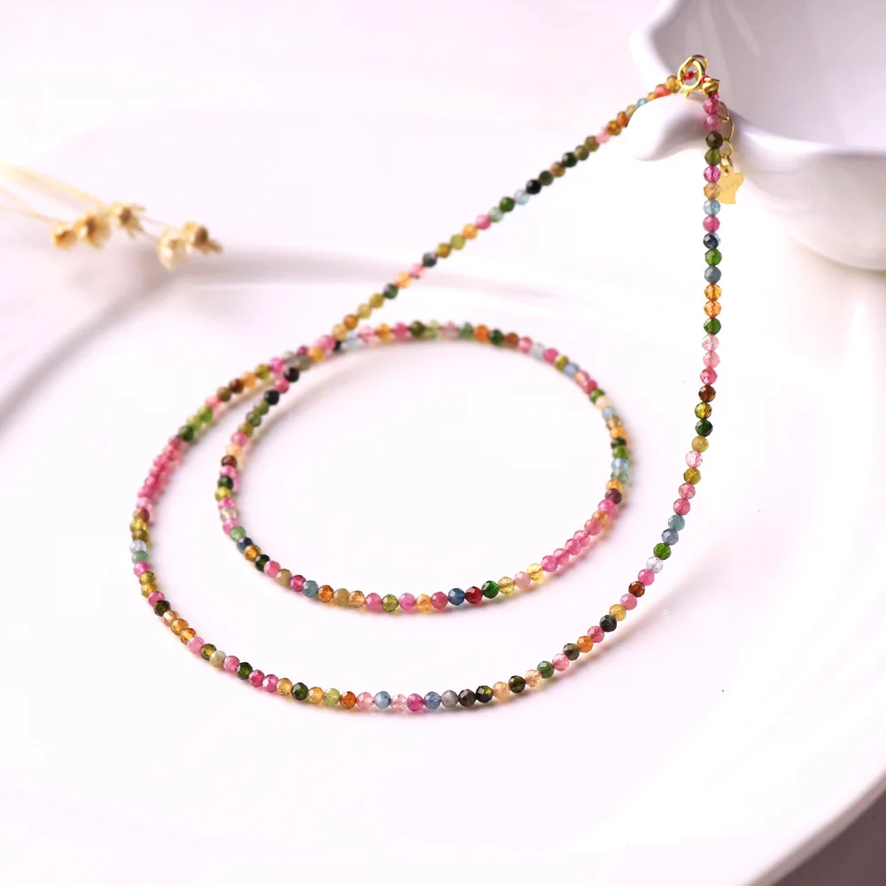 

Natural gemstone tourmaline necklace, 2.8mm small faceted crystal bead clavicle chain, beautiful jewelry gift for ladies
