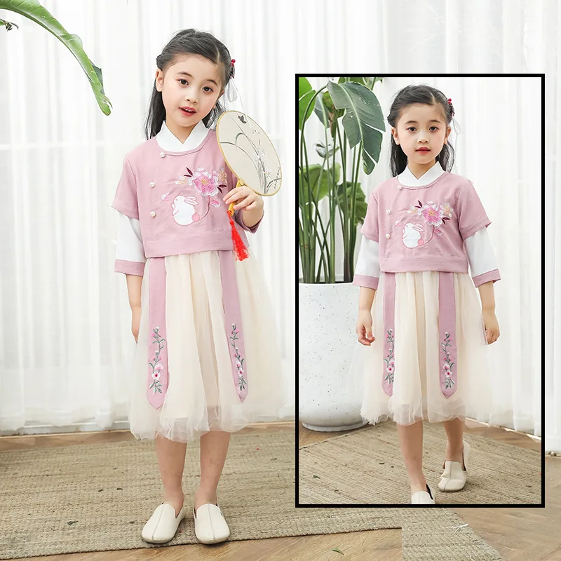 Одежда в китайском стиле для девочек комплект из двух предметов; сезон весна-осень; китайский костюм в китайском стиле с вышитыми цветами Чонсам для маленьких девочек