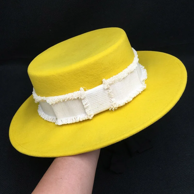 

Women Yellow Wide Brim Felt Hat White Ribbon Band Winter Fedora Wool Flat Top Hat Church Derby Bowknot Cap Adjustble