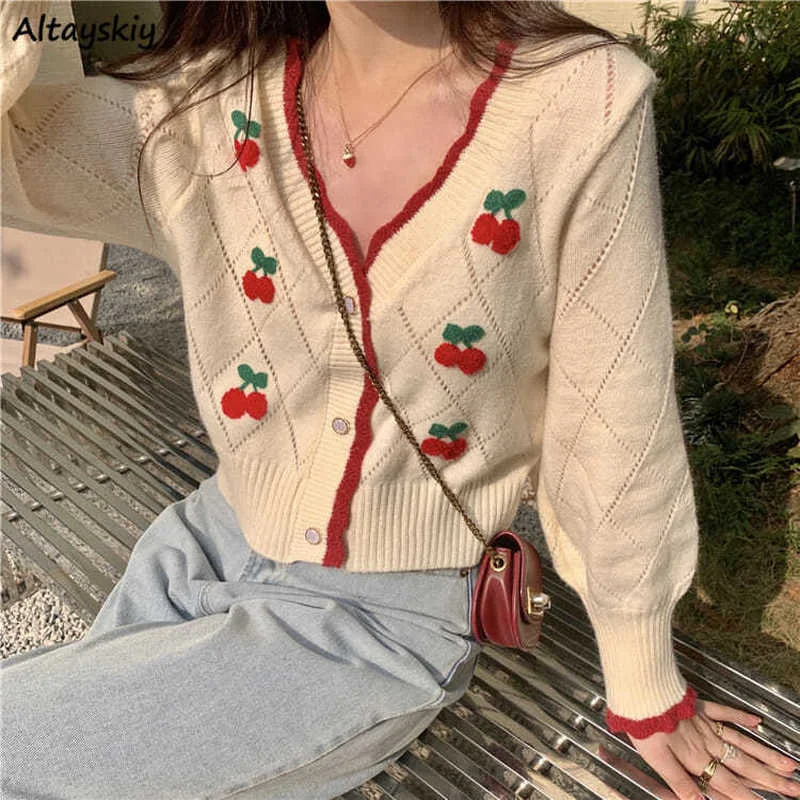 

Autumn Newest Cardigans Women Sweet Elegant V-neck Lovely Cherry Patchwork Ladies Outwear Gentle High Street Leisure Trendy Chic