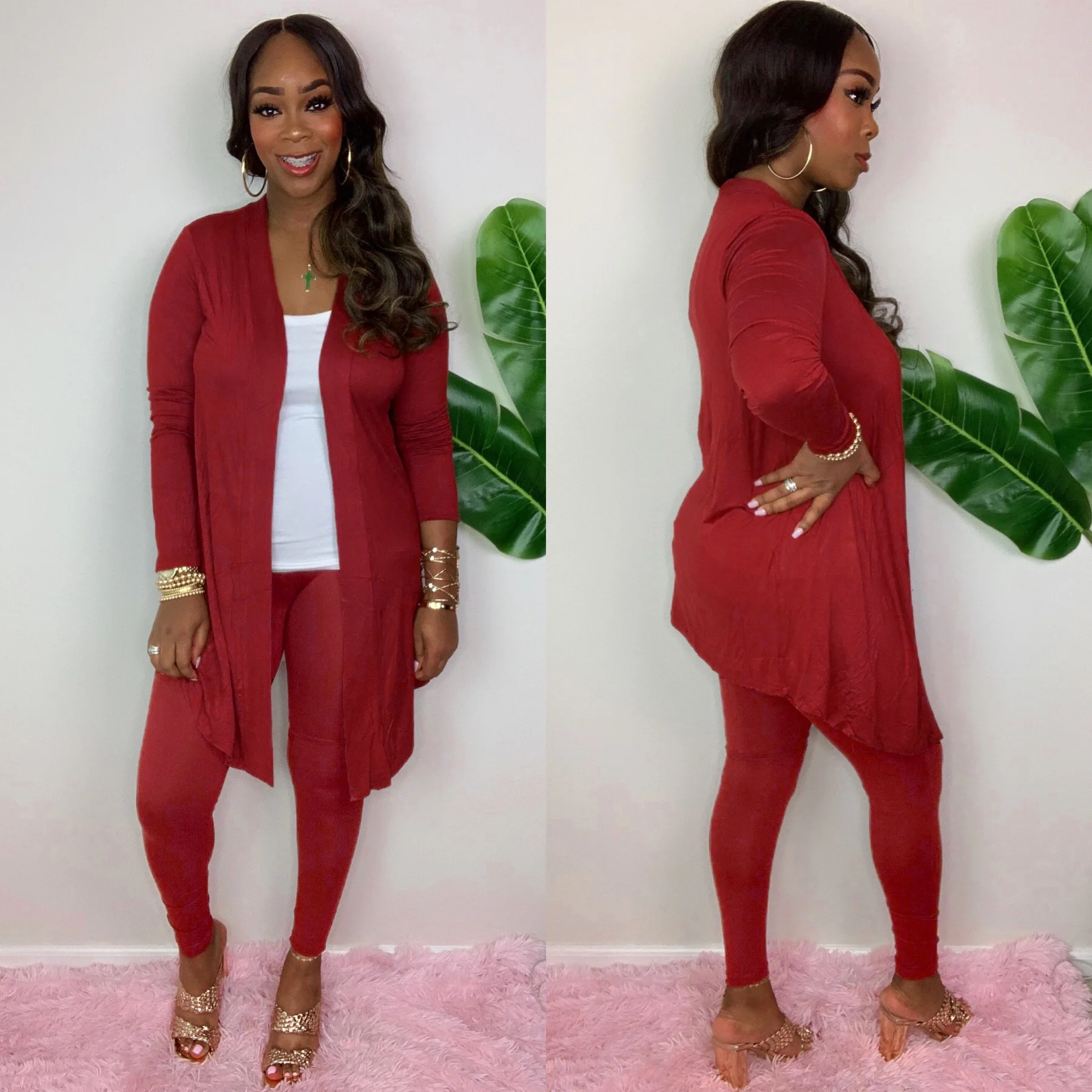 

Casual Workout Two Piece Set for Women Long Sleeve Maxi Open Stitch and Skinny Pencil Legging Sweat Suit Autumn Solid Tracksuit