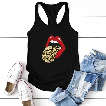 

2020 Loose Red Lips Leopard Tongue Printing Tanks Tops Sleeveless Women Funny Tank Top Femme Summer Plus Size Ropa De Mujer