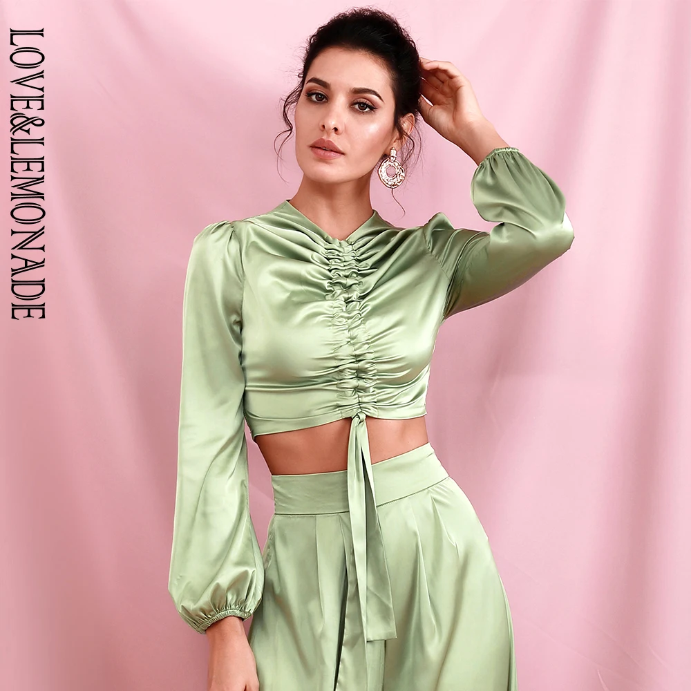LOVE& LEMONADE Sexy Light Green Round Neck Middle Drawstring Lantern Sleeve Top Spring LM82199-TOP