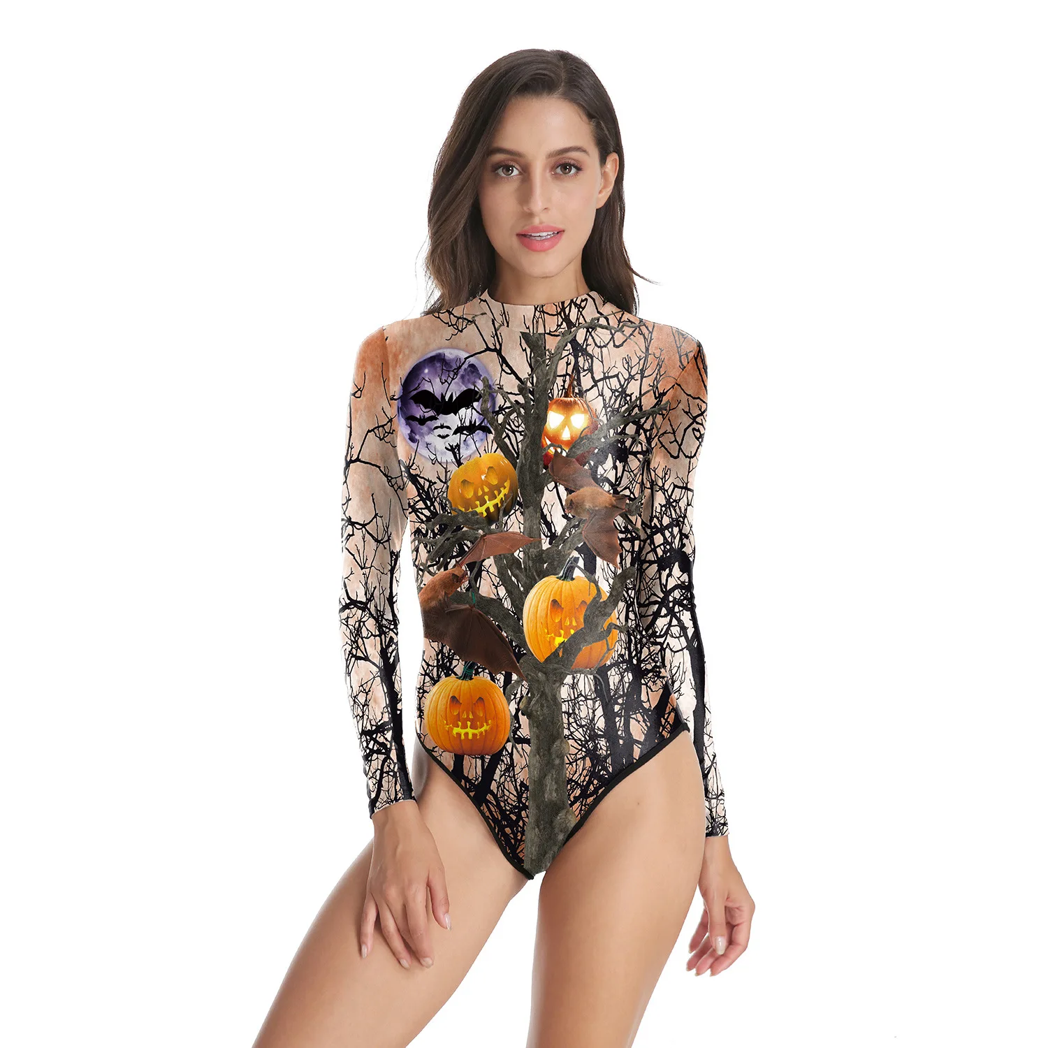Halloween new swimwear Europe and the United States 3d digital printing long-sleeved zipper triangle one-piece swimsuit women