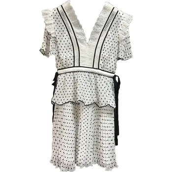 

Brand Fashion Women High-end Luxury Vintage Summer Slim Elegant Sexy Stitch Polka Dot V-neck Short sleeve Lace Dress
