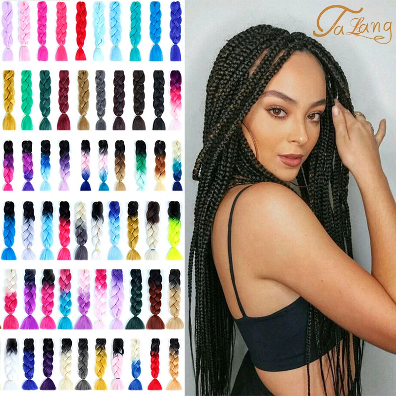 

TALANG 24inch 100gLong Synthetic Crochet Jumbo Braid Ombre Pink Purple Blue Blonde Kanekalon Braiding Hair Extension