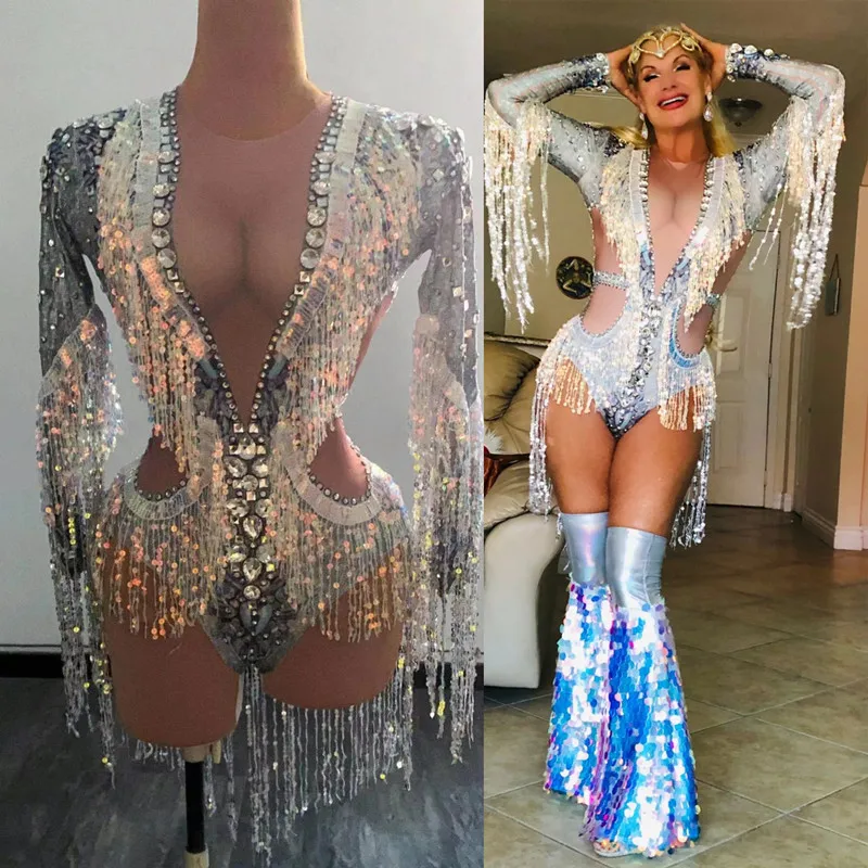 Silver Rhinestones Glitter Sequins Tassel Sleeve Bodysuit Women Stretch