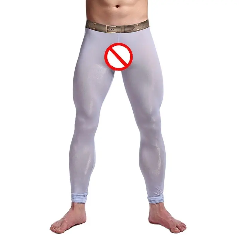 Ice Silk Mens Legging Homme Sleepwear Long Johns See Through Ultra-Thin Men Sexy Underwear Bottom Trousers Home Lounge Man Pants