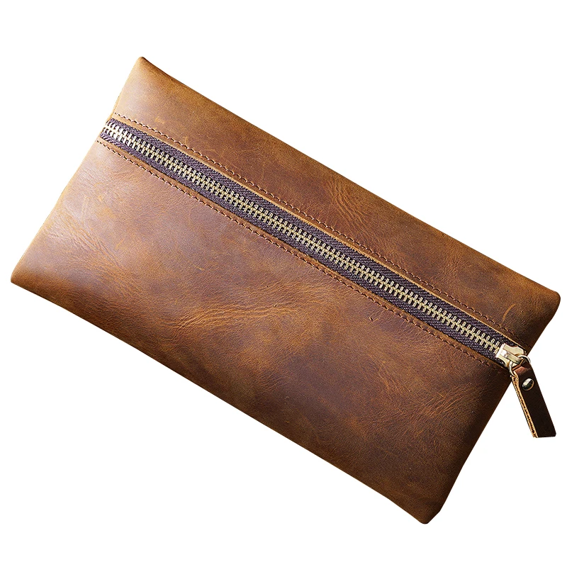 

100% Nature Genuine Leather Retro Pen Bag Vantage Big Capacity Cowhide Zipper Pencil Case Holder Office School Supplies Gift