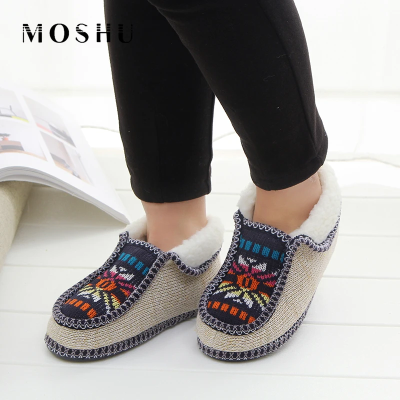 

Winter Slippers Fur Slides For Women Warm Plush Soft Bottom Cotton Indoor Shoes Print Knitted House Flip Flops Chanclas Mujer