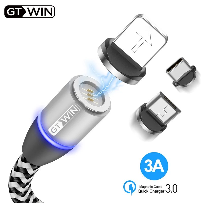 

GTWIN For iPhone Magnetic Fast Charging Cable Magnet Mobile Phone LED Micro USB Wire Lighting Type C Plug Data Cord For Samsung