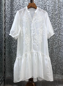 

2020 Spring and Summer New Women's Even Neckline V Slit ci xiu hua he ye bai Short Sleeves Solid Color Dress 409