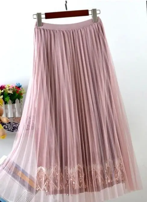 Gold Velvet High Waist Pleated Skirt Mesh Tulle Lace Stitching Sequin Bead Plus Size Two-tiered black Long Skirts women Clothes - Цвет: 851pink