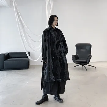 

2019 Black Leather Windbreaker Women Fashion Loose Long Handsome Jacket Coat Female Streetwear Punk Bright Faux Leather Overcoat