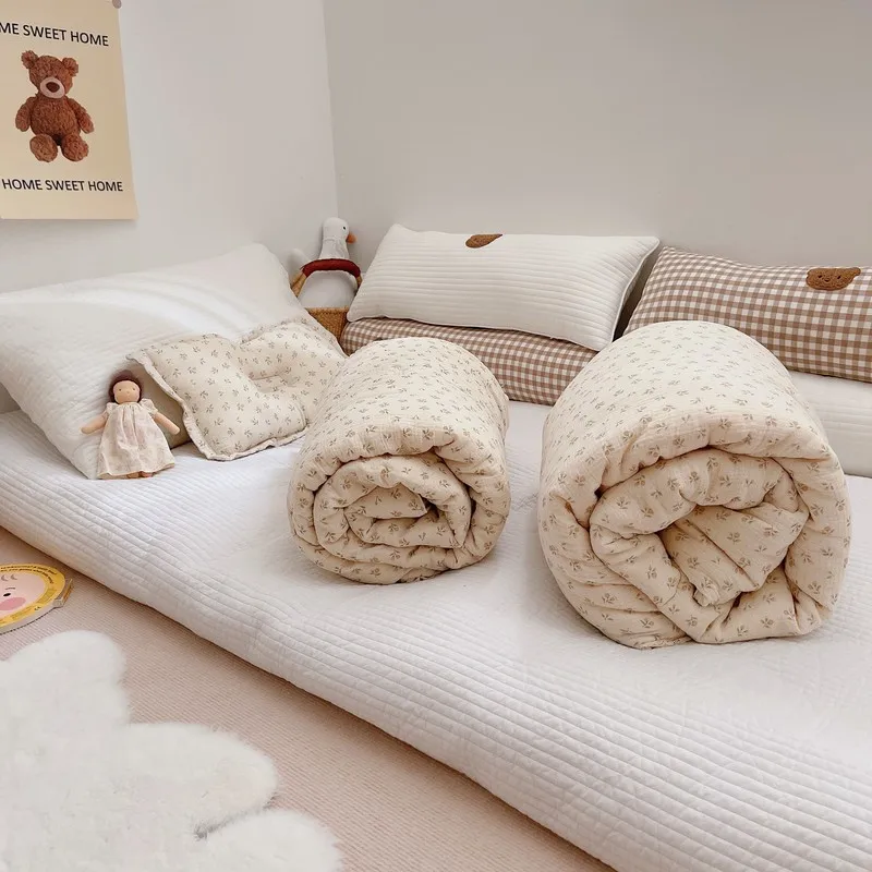 Korean Flower Cotton Baby Crib Quilt Muslin Kids Children Infant Baby Comforters Thicken Winter Cot Quilts for Bed Plaid