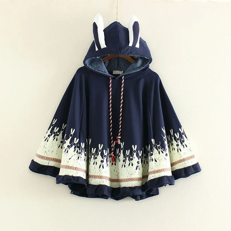 Kalenmos Japanese new Capes women cute rabbit ears hooded pullover cloak coat rabbit print stitching embroidered sweater woman