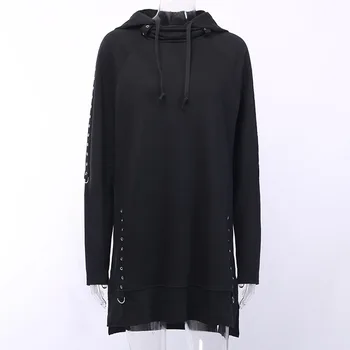 

Gothic Streetwear Hooded Long Sweatshirts Side Split Rivets Black Women's Punk Hat Hoodies Autumn Winter Long Sleeve Pullovers