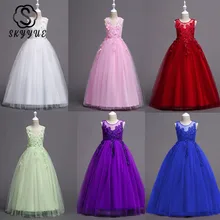 Skyyue/платье с цветочным узором для девочек розовые, зеленые, синие кружевные Детские Свадебные праздничные платья Длинные платья без рукавов с круглым вырезом для причастия для девочек, 832