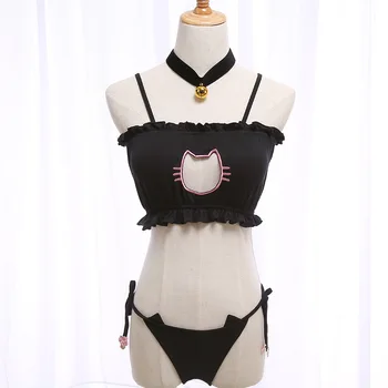 

Sexy Underwear Erotic Sleep Wear Nightdress Women Pleated Bell Cat Girl Bra Panties Collar Set Strap Cross Hollow Out Dress