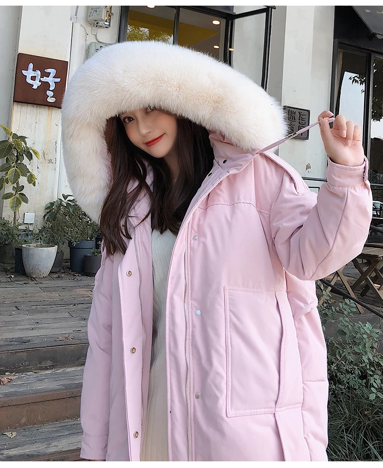 Большой размер, зимняя куртка-пуховик с воротником из натурального Лисьего меха, женское Свободное пальто, женская белая пуховая Толстая теплая парка, куртки в стиле Харадзюку розового цвета