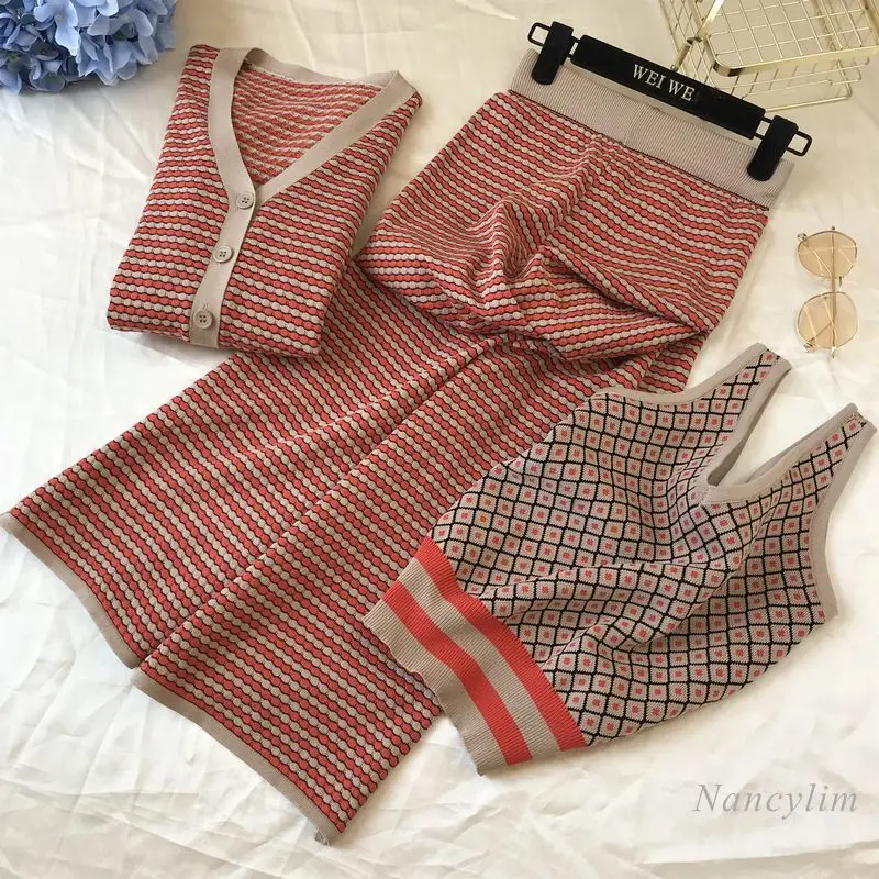 

Spring Autumn Womens 3 Piece Sets New Long Sleeve Stripes Cardigan + Vest + Split Wide Leg Pants Knitted Three-Piece Suit