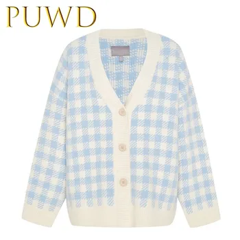 

PUWD 2019 Autumn and winter new women's fresh and fashionable art plaid coat casual V-neck coat