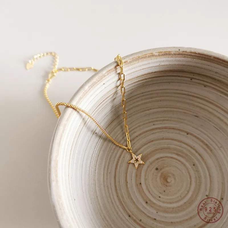 925 Sterling Silver French Simple Golden Star Clavicle Chain Necklace Women Light Luxury Temperament Wedding Party Jewelry Gift