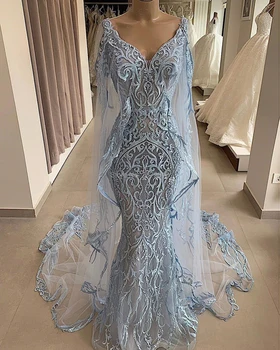 

Elegant V-Neck Blue Mermaid Evening Dress Floor-Length Lace Prom Dress вечернее платье Middle East Saudi Arabia Zipper Dubai