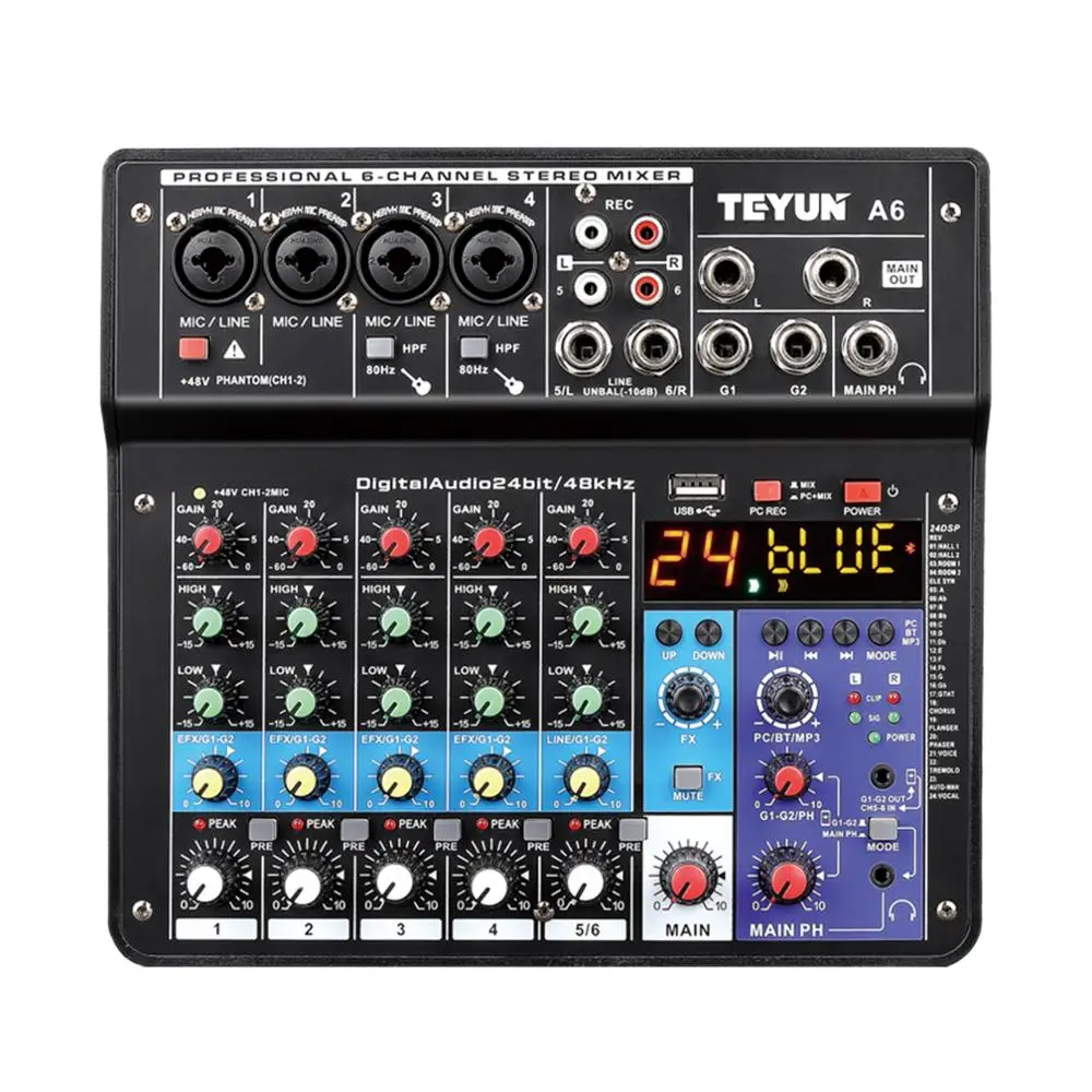 Wireless 6 Channel Audio Mixer Portable Sound Mixing Console USB Interface Computer Input 48V Phantom Power Monitor for Input|Professional Audio Recording| -