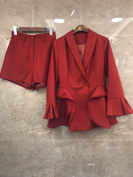New style women's Lapel Bell Sleeve solid color suit jacket+ shorts suit 1005 in early autumn of